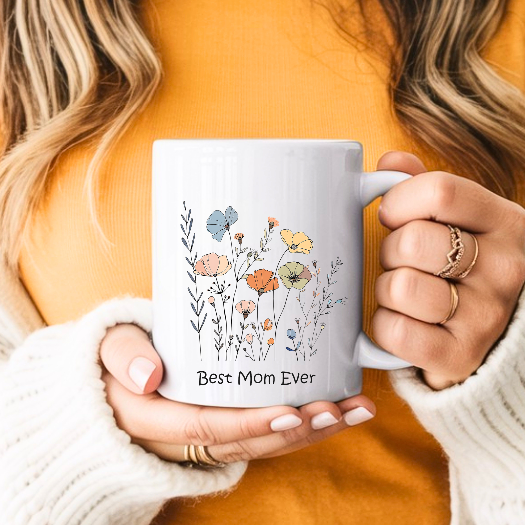 Best mom ever floral coffee mug held by woman, aesthetic gift for mom, Mamamuse Studio ceramic mug