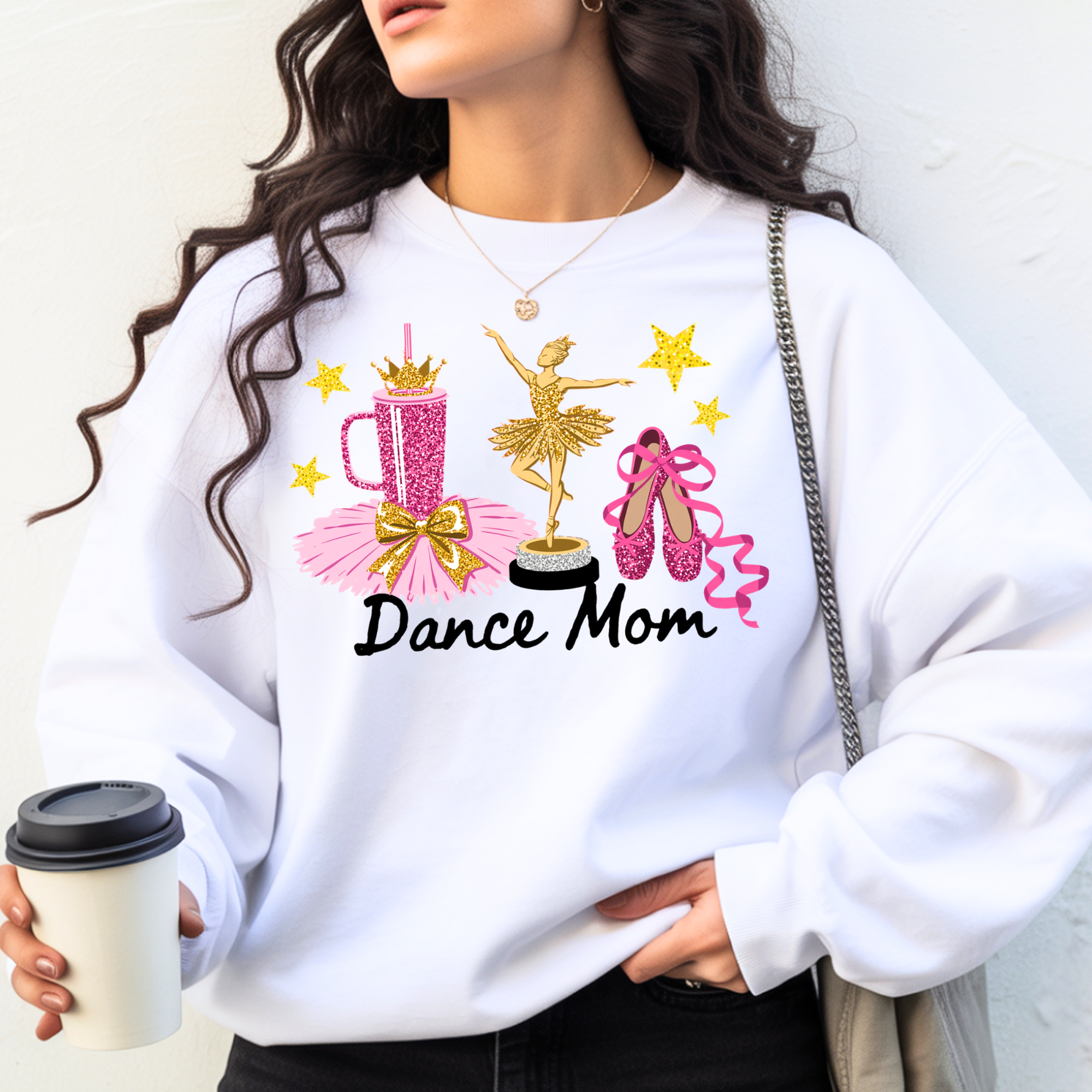 dance mom sweatshirt with ballet shoes design worn by woman holding coffee, cozy casual outfit for moms, Mamamuse Studio