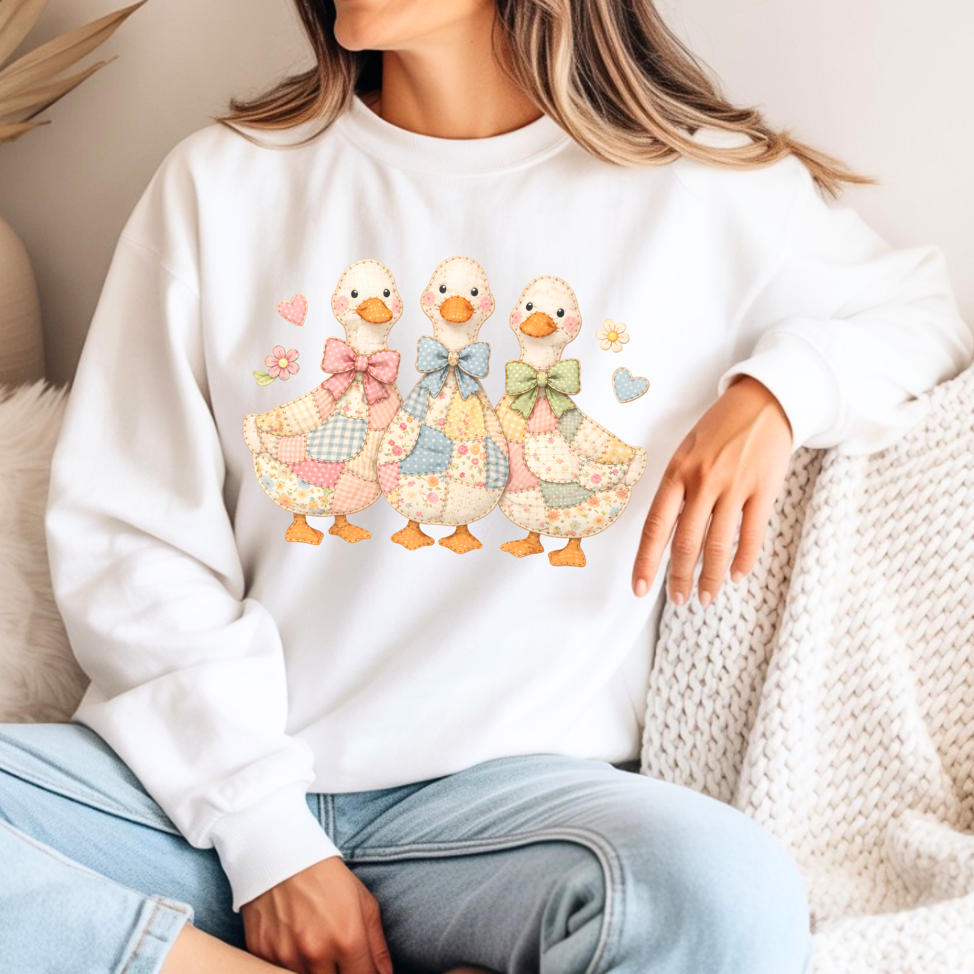 faux patchwork goose sweatshirt with pastel bows, cute aesthetic mom crewneck, cozy mama sweatshirt, Mamamuse Studio