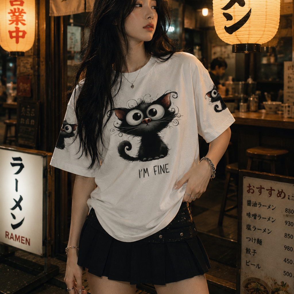 I'm Fine Cat Graphic Oversized T-Shirt