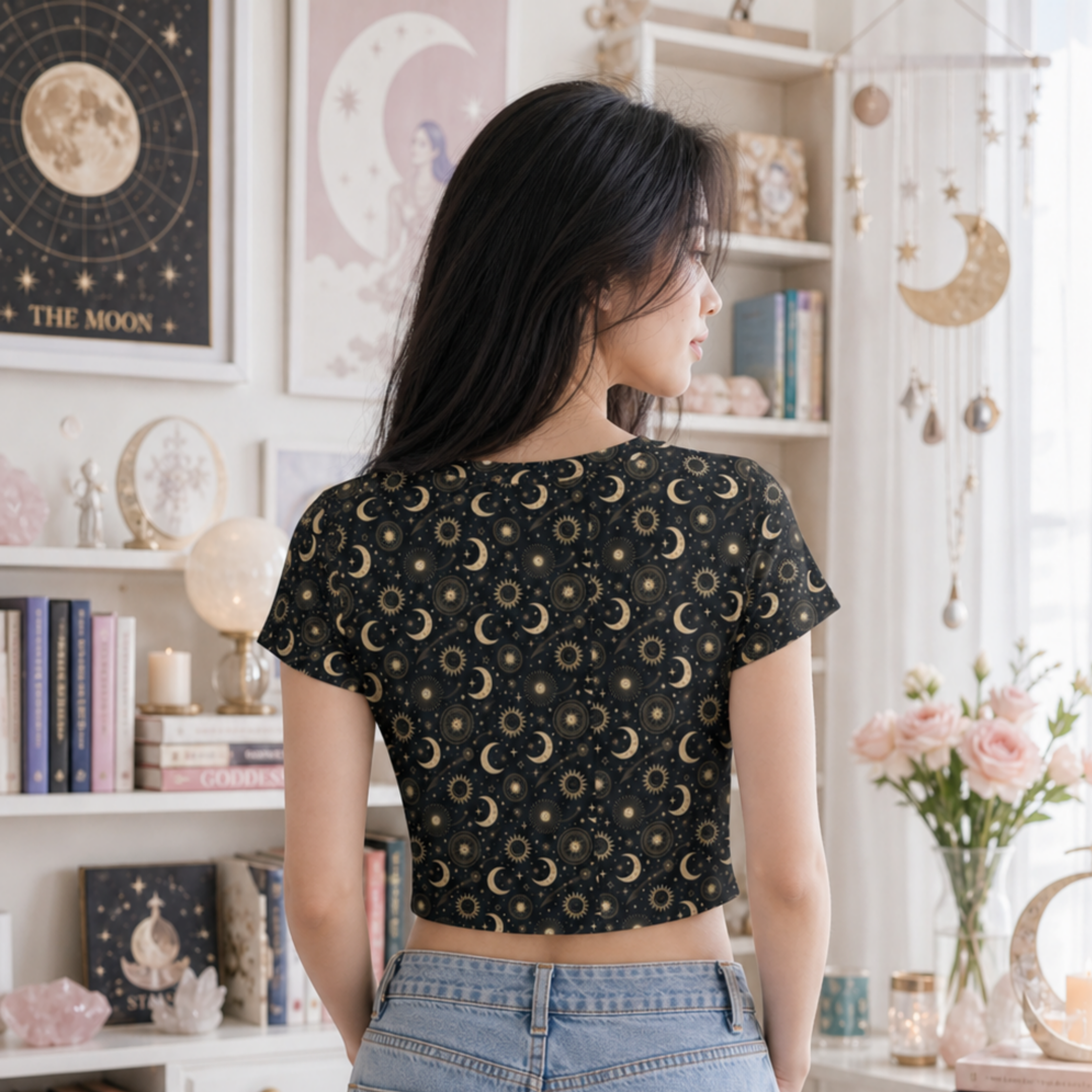 Women's celestial moon and sun all-over print crop tee back view featuring a mystical astrology pattern.