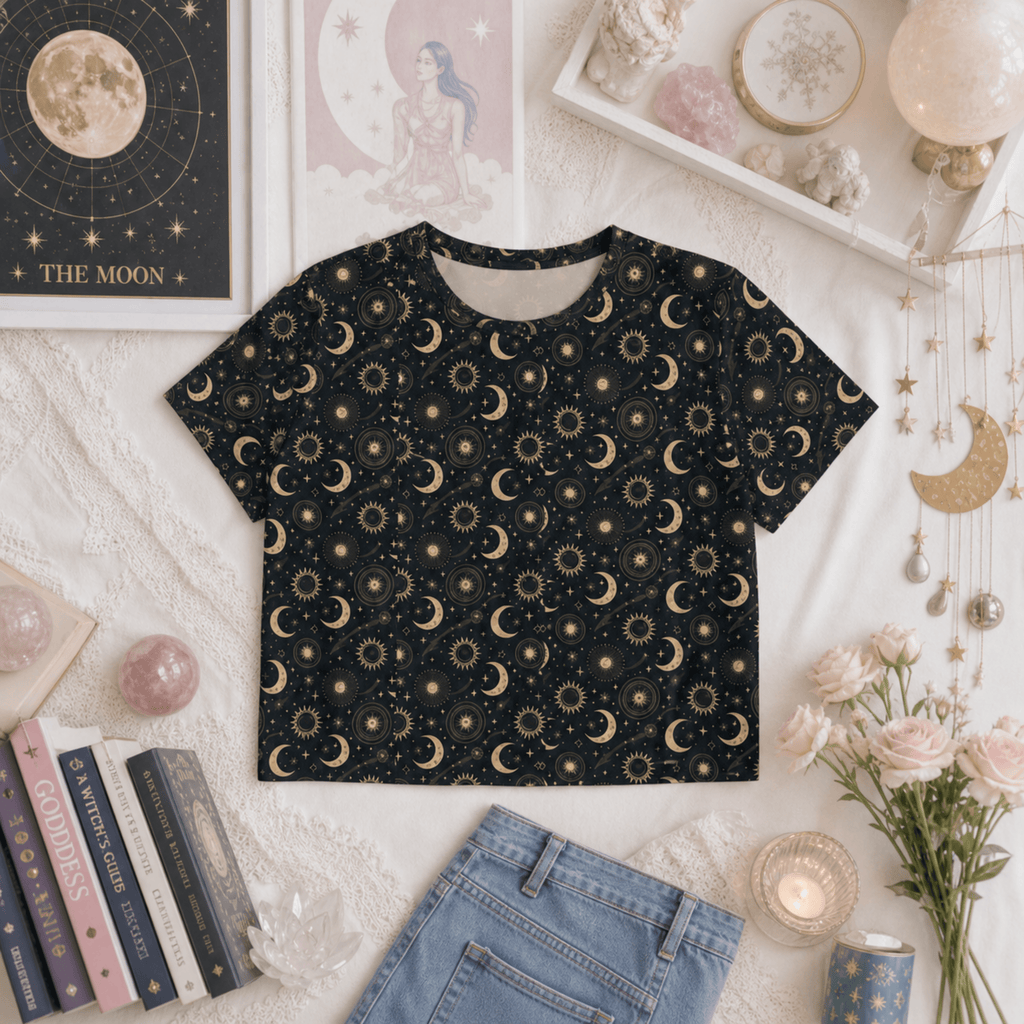 Flat lay of a celestial moon and sun all-over print women's crop tee featuring a mystical boho astrology design.