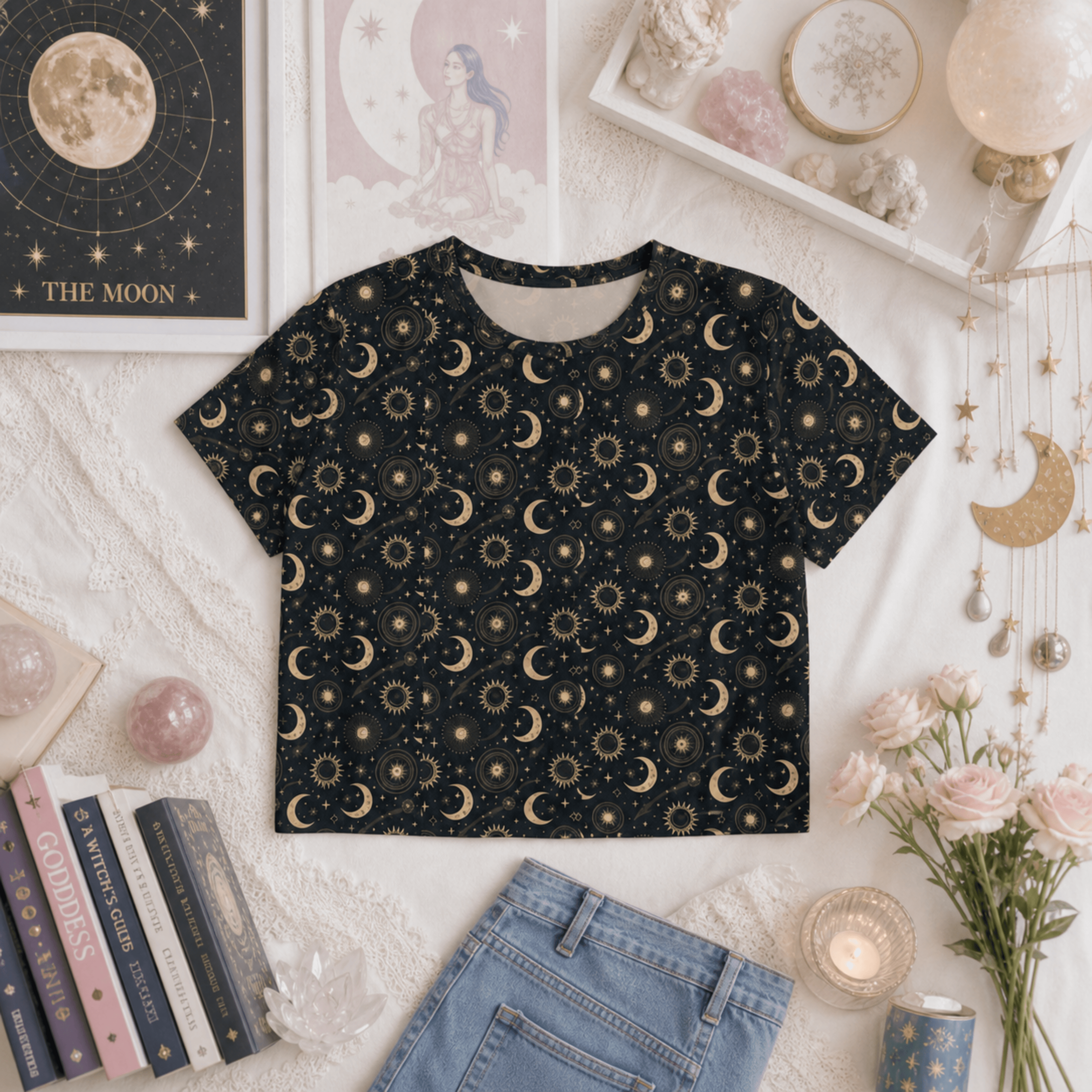 Flat lay of a celestial moon and sun all-over print women's crop tee featuring a mystical boho astrology design.