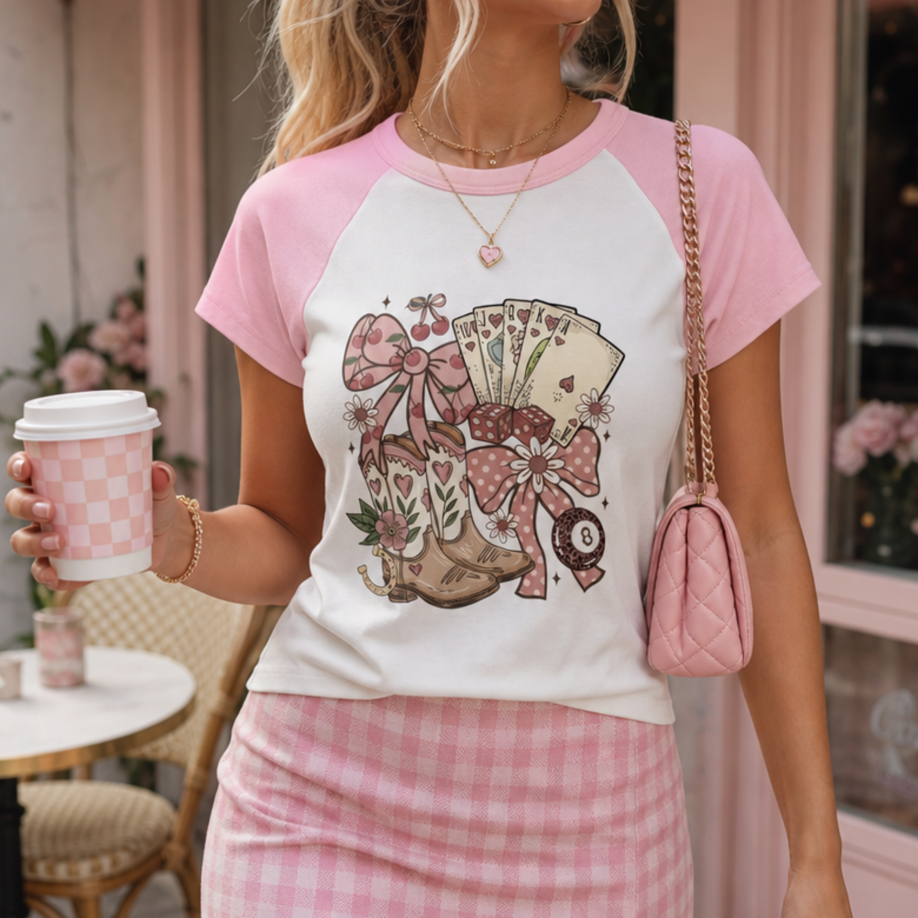 Woman wearing a coquette lucky casino baby tee with pink raglan sleeves featuring vintage playing cards, bows, horseshoes and floral artwork.
