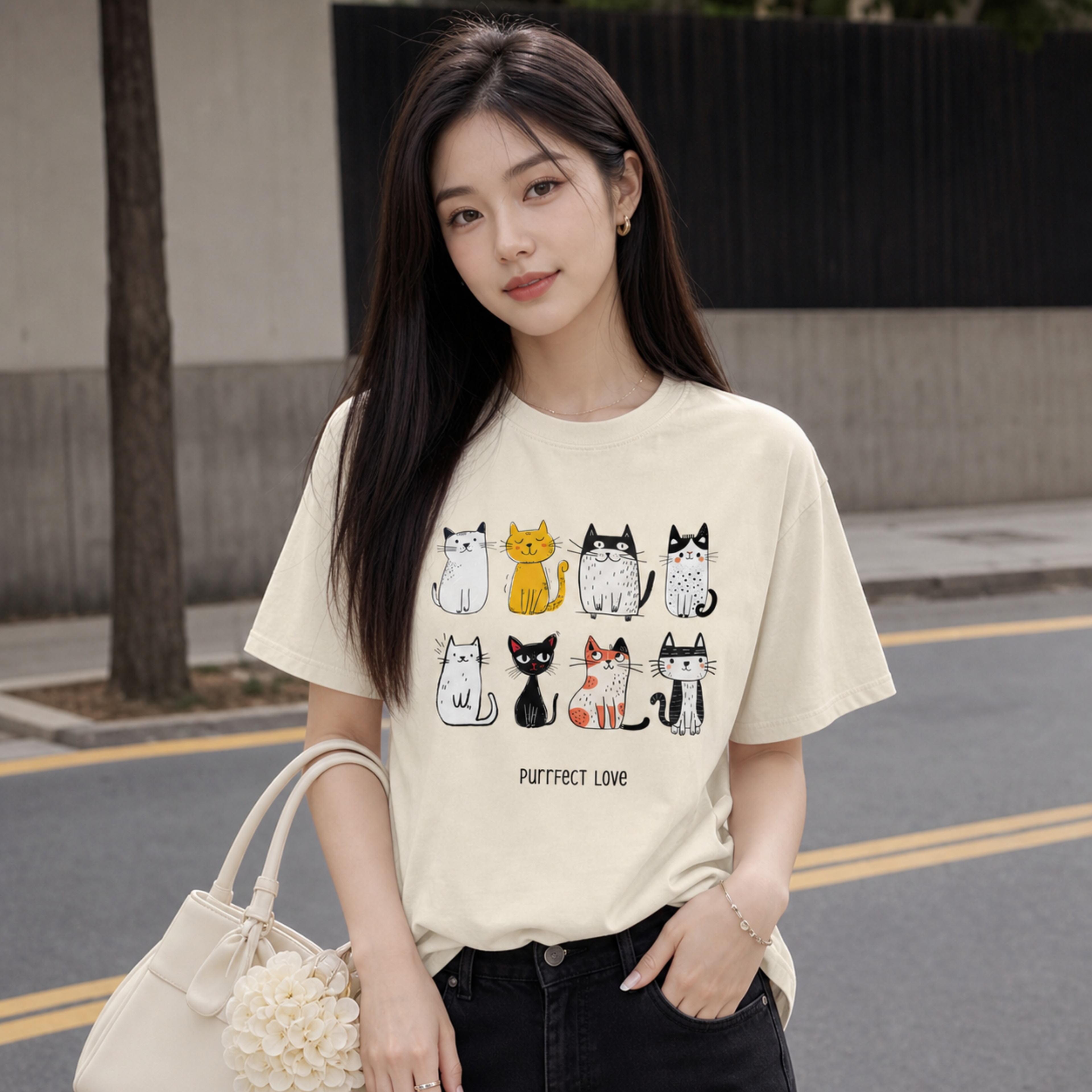 Model wearing a cream Comfort Colors 1717 cat lover graphic T-shirt with colorful cartoon cats and Purrfect Love design.