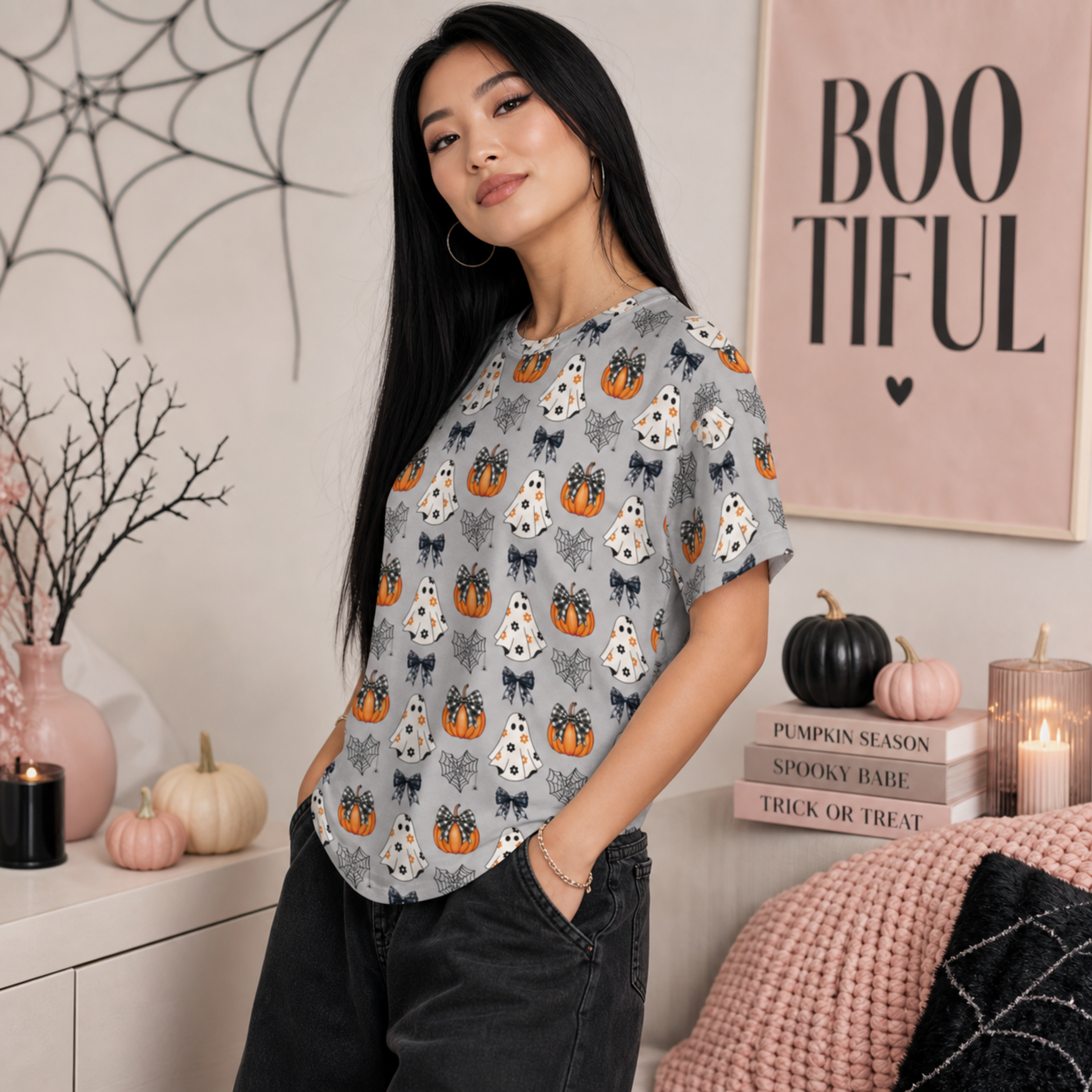 Woman wearing a cute Halloween all over print T-shirt featuring ghost and pumpkin patterns for a spooky fall outfit.