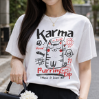 Woman wearing a Comfort Colors 1717 Karma Is a Cat graphic t-shirt featuring a cute illustrated cat design.