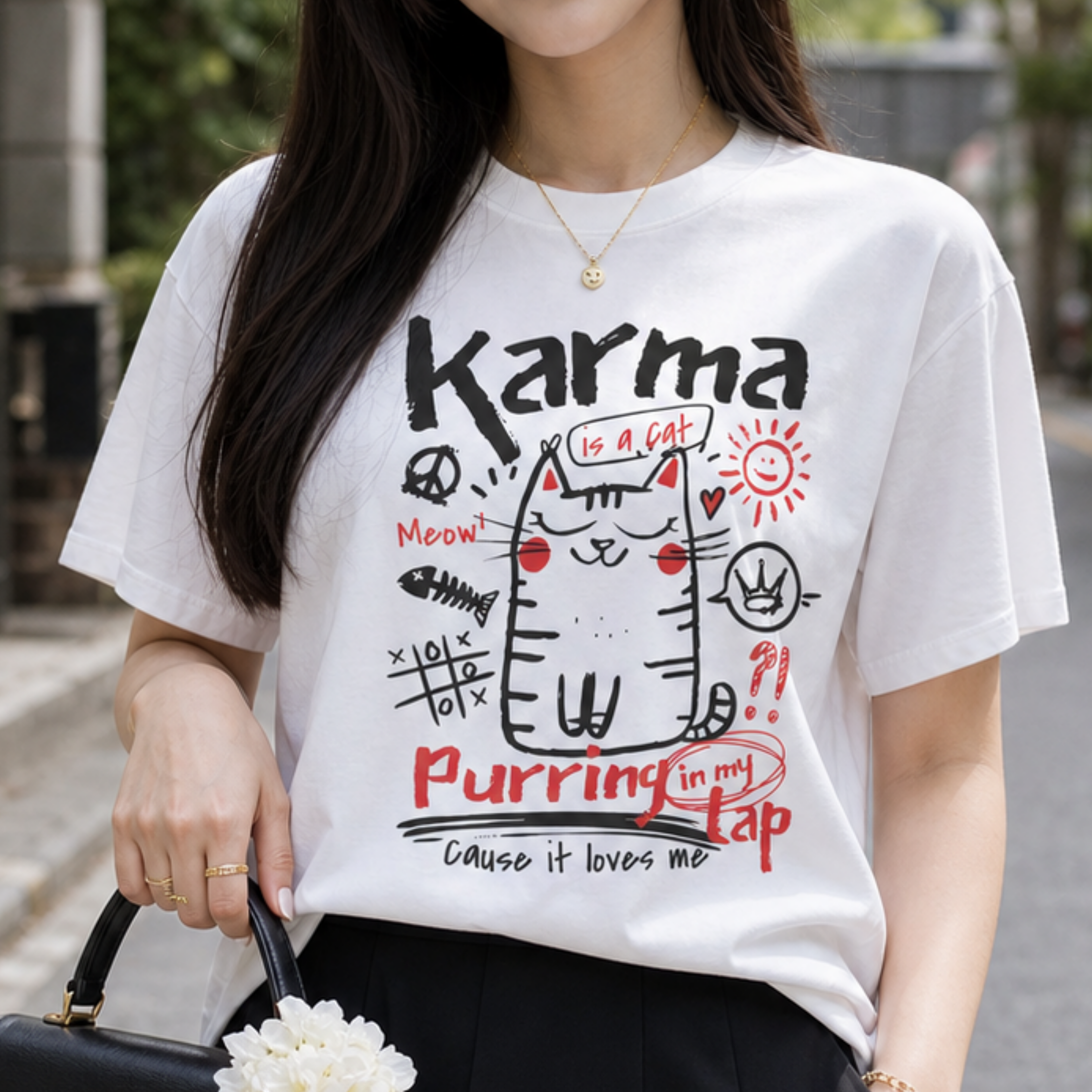 Woman wearing a Comfort Colors 1717 Karma Is a Cat graphic t-shirt featuring a cute illustrated cat design.