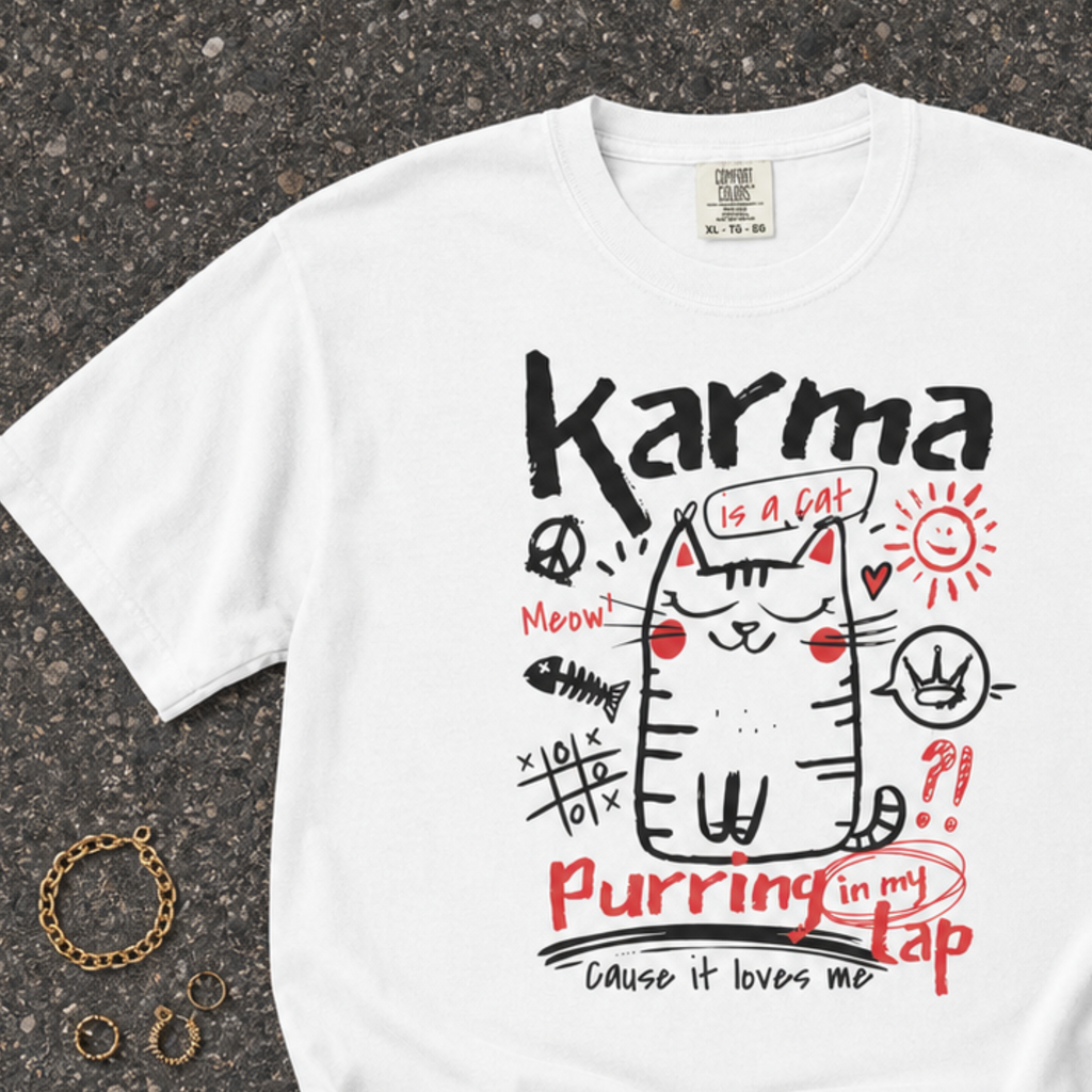 Flat lay of the Karma Is a Cat Comfort Colors 1717 graphic t-shirt showcasing the playful cat illustration and relaxed fit.