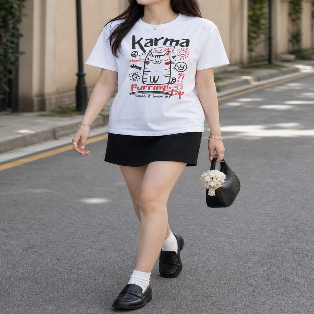 Full-body view of a model wearing the Karma Is a Cat Comfort Colors graphic t-shirt with a casual everyday outfit.