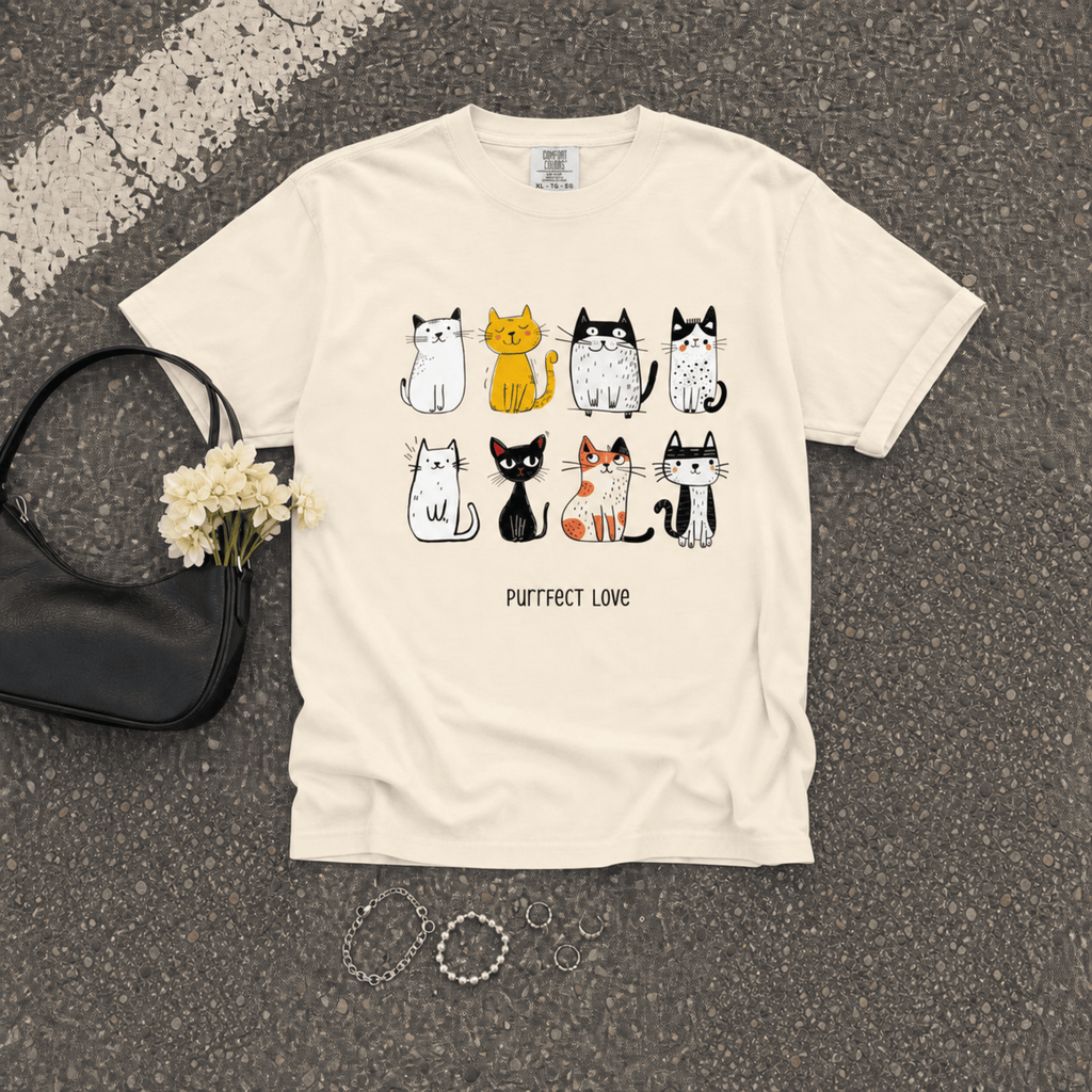 Flat lay of the Purrfect Love Comfort Colors 1717 cat graphic T-shirt showcasing the cute cat illustration and relaxed fit.