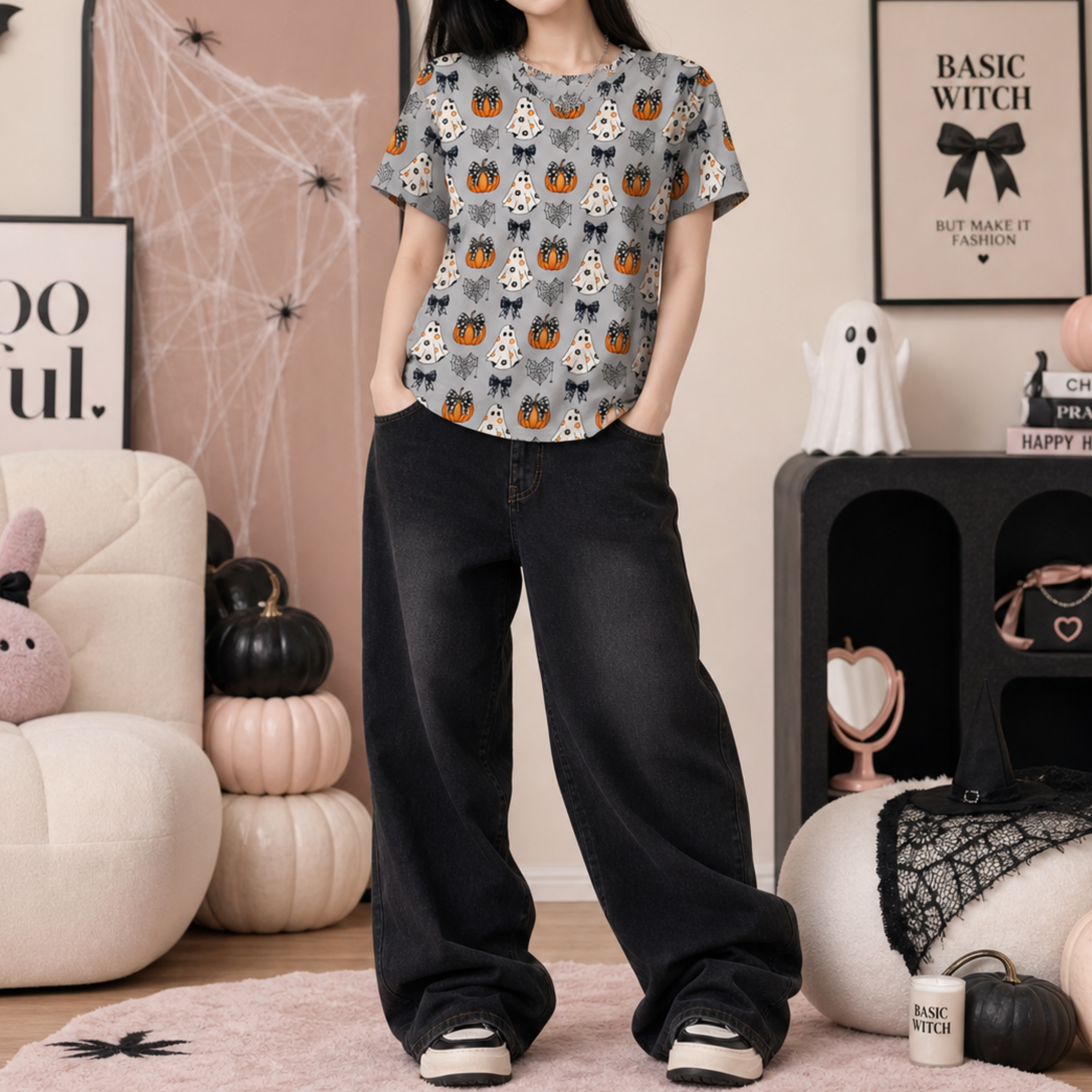 Full-body view of a women's Halloween all over print T-shirt with cute ghost and pumpkin pattern.